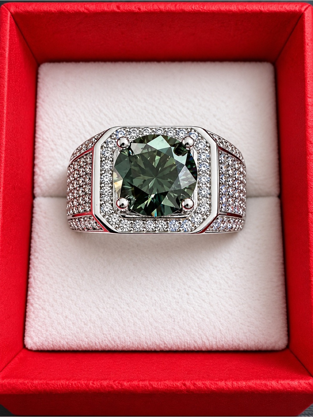Men’s 2 CT Green Moissanite White Gold Plated Adjustable Ring